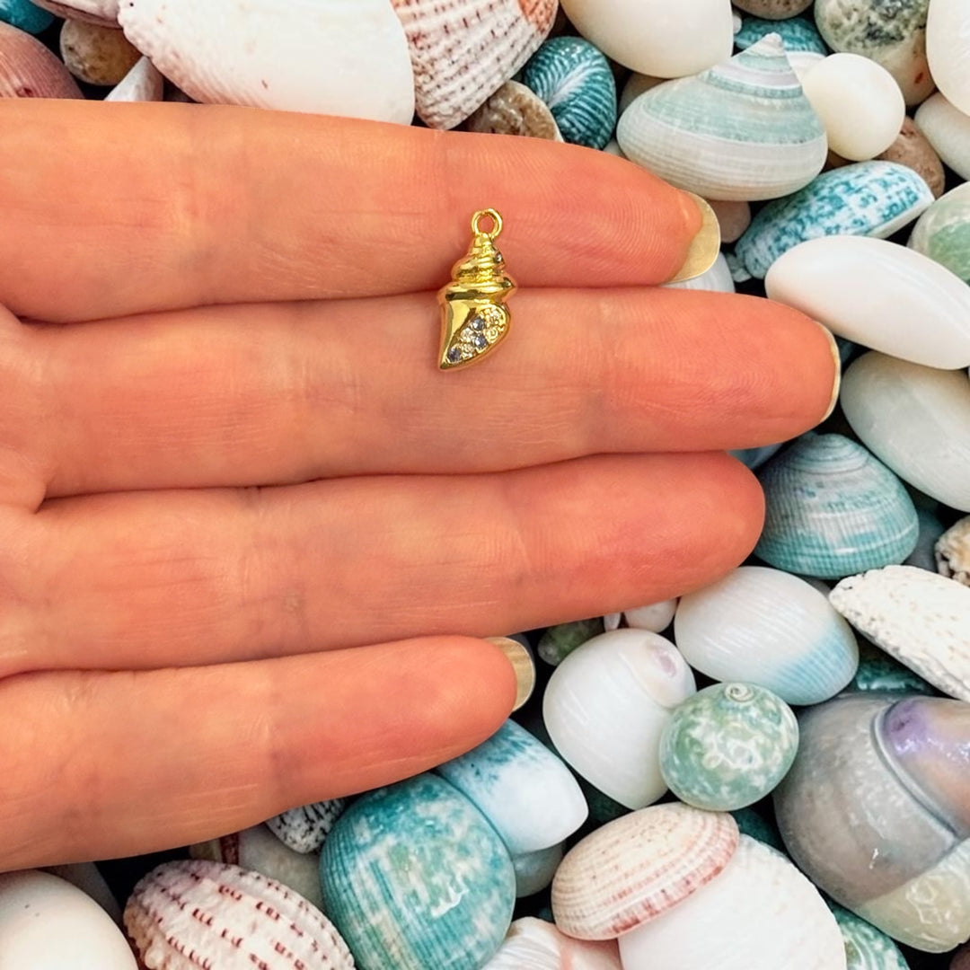 24Kt Gold Plated Brass Conch Shell Charm with Cubic Zirconia, Sea Shell Pendant, Ocean Jewellery Charm,