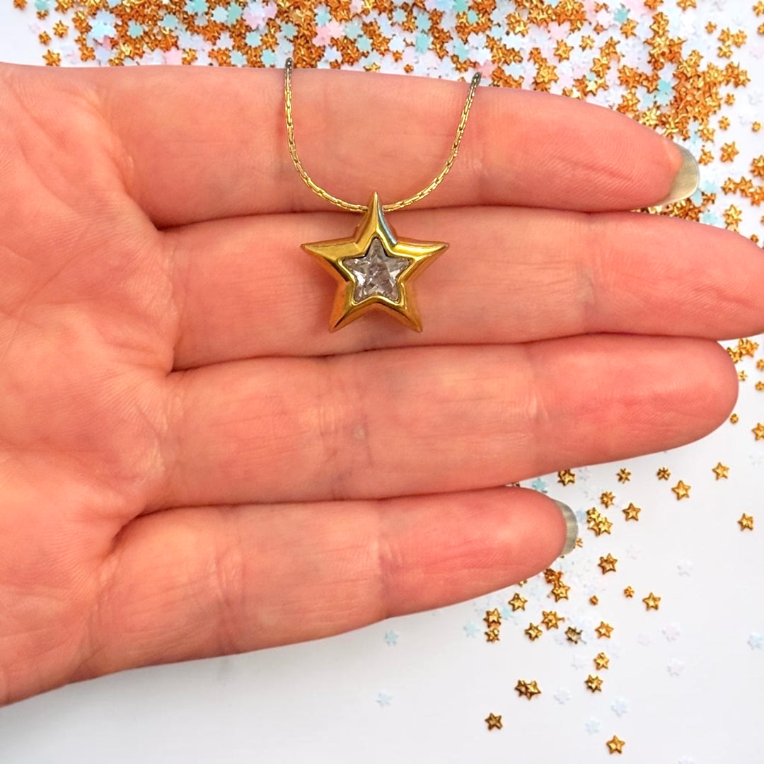 Waterproof 24Kt PVD Gold Plated Stainless Steel Star Charm Pendant with CZ, Reversible Star Charm, 17x17mm, 2mm Hole