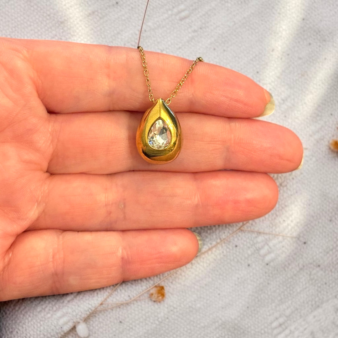 Waterproof 24Kt PVD Gold Plated Stainless Steel Teardrop Charm Pendant with CZ, Reversible Drop Charm, 18x13mm, 2mm Hole