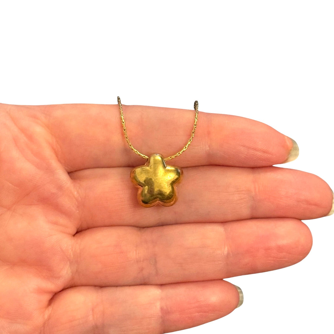 Waterproof 24Kt PVD Gold Plated Stainless Steel Puffy Flower Charm with Flower CZ, Double Sided, 14x15mm Pendant