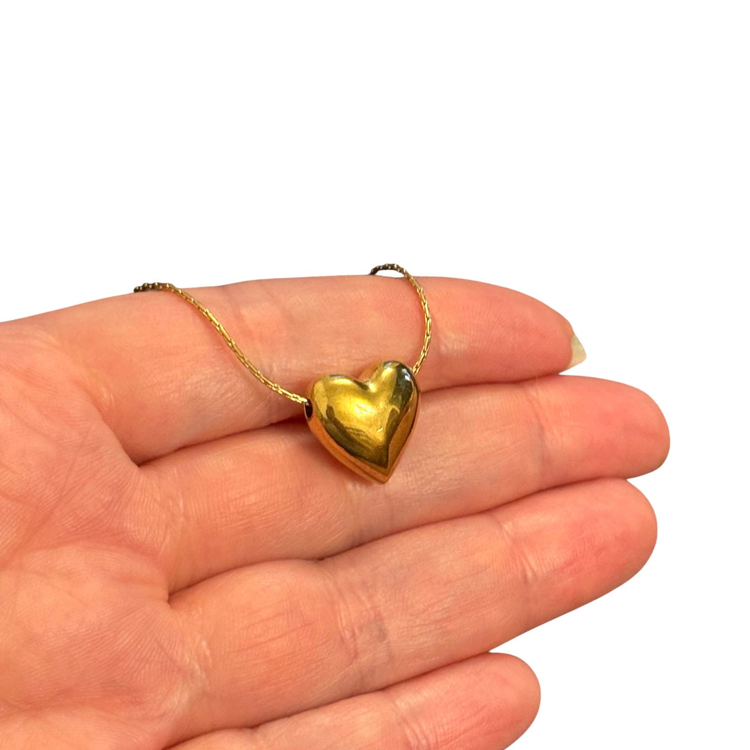 Waterproof 24Kt PVD Gold Plated Stainless Steel Puffy Heart Charm with Heart CZ, Double Sided, 14x15mm Pendant