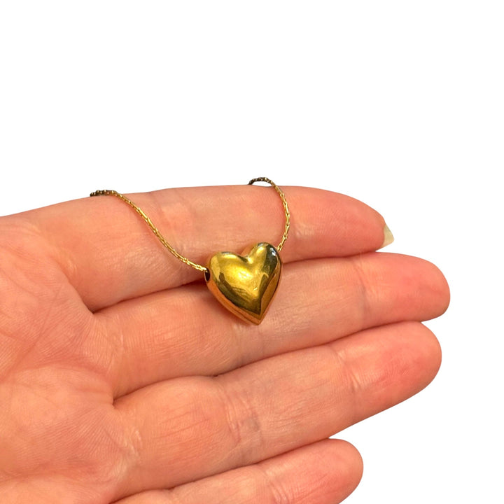 Waterproof 24Kt PVD Gold Plated Stainless Steel Puffy Heart Charm with Heart CZ, Double Sided, 14x15mm Pendant