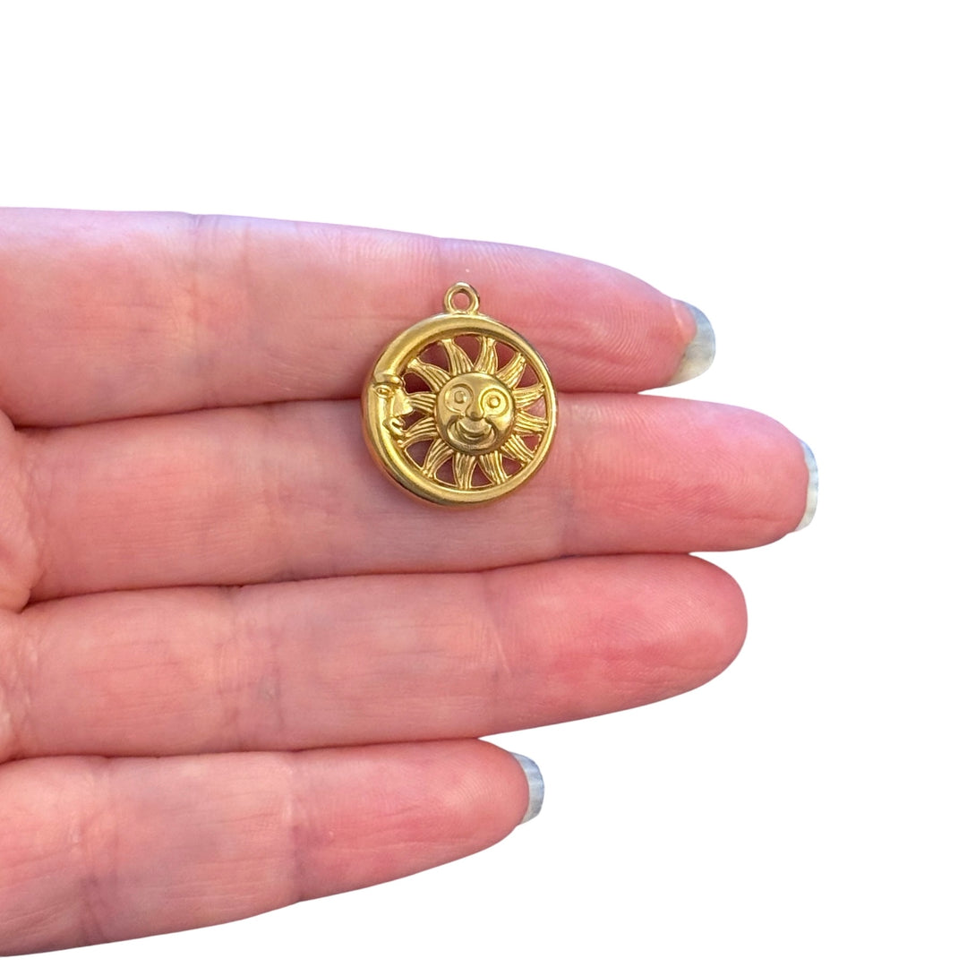Waterproof 24Kt PVD Gold Plated 316L Stainless Steel Sun &amp; Moon Pendant, Double Sided, 20×18mm