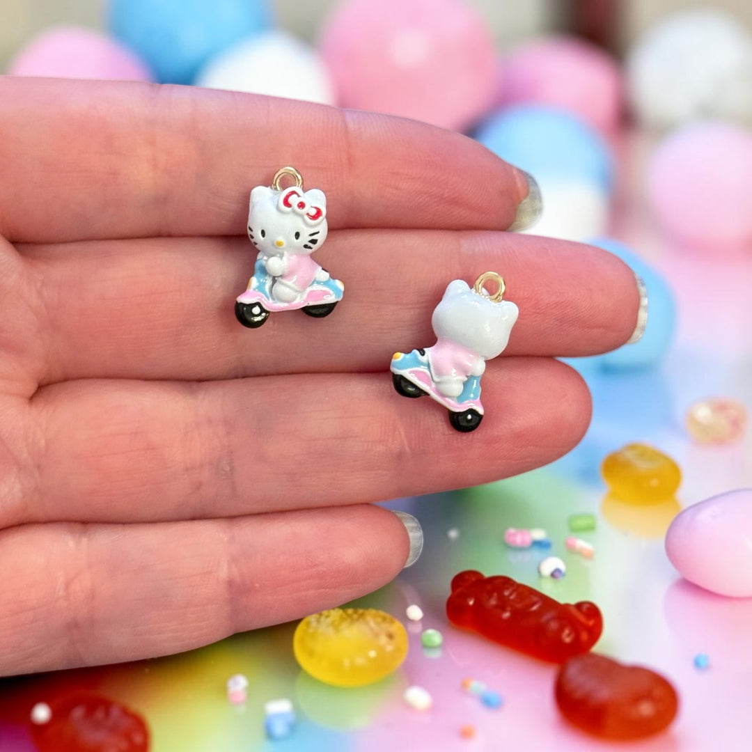 3D Enamel Kitten on Scooter Charm, Pink &amp; Blue, 18mm