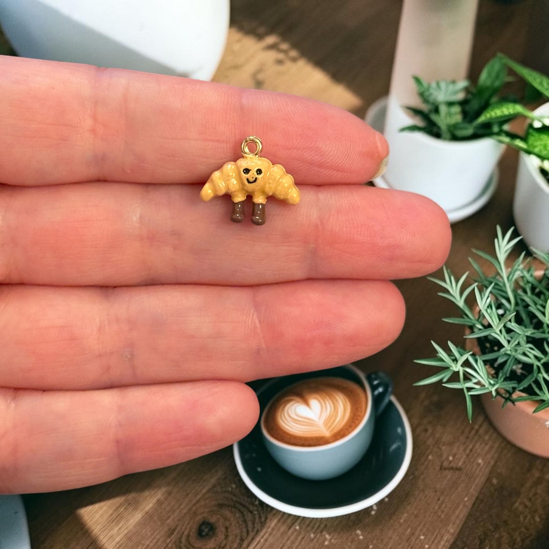 3D Croissant Charm – 24Kt Gold Plated Brass Enamel Croissant Pendant, Bakery Charm