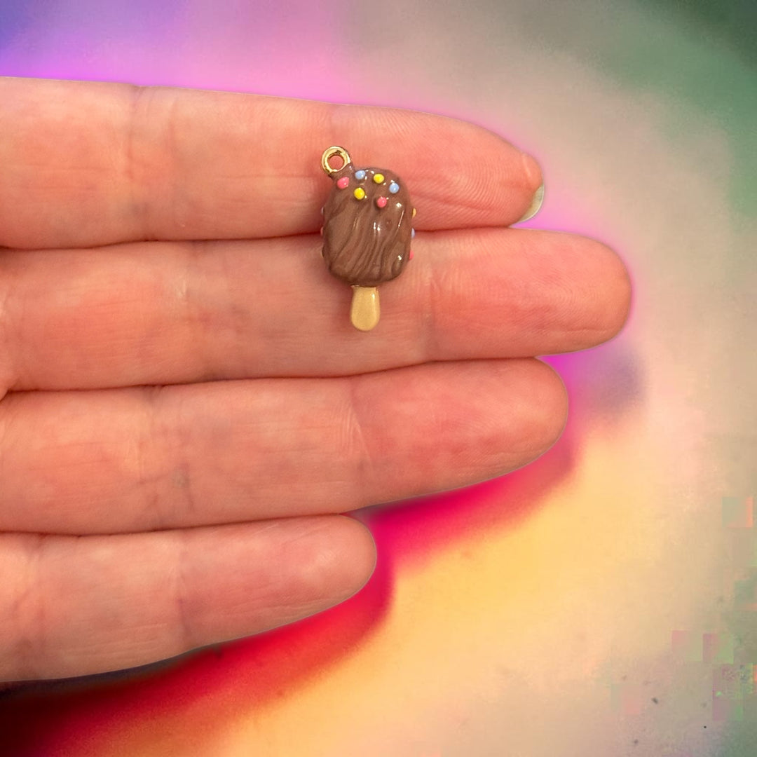 3D Chocolate Ice Cream Charm – 24Kt Gold Plated Brass Enamel Popsicle Charm, Ice Cream Pendant