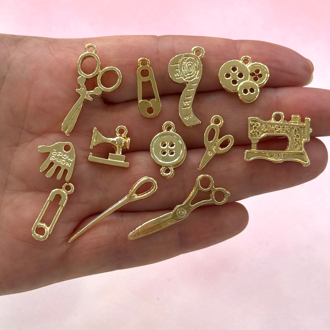 24Kt Gold Plated Sewing Charms Collection, 12 Charms in a pack