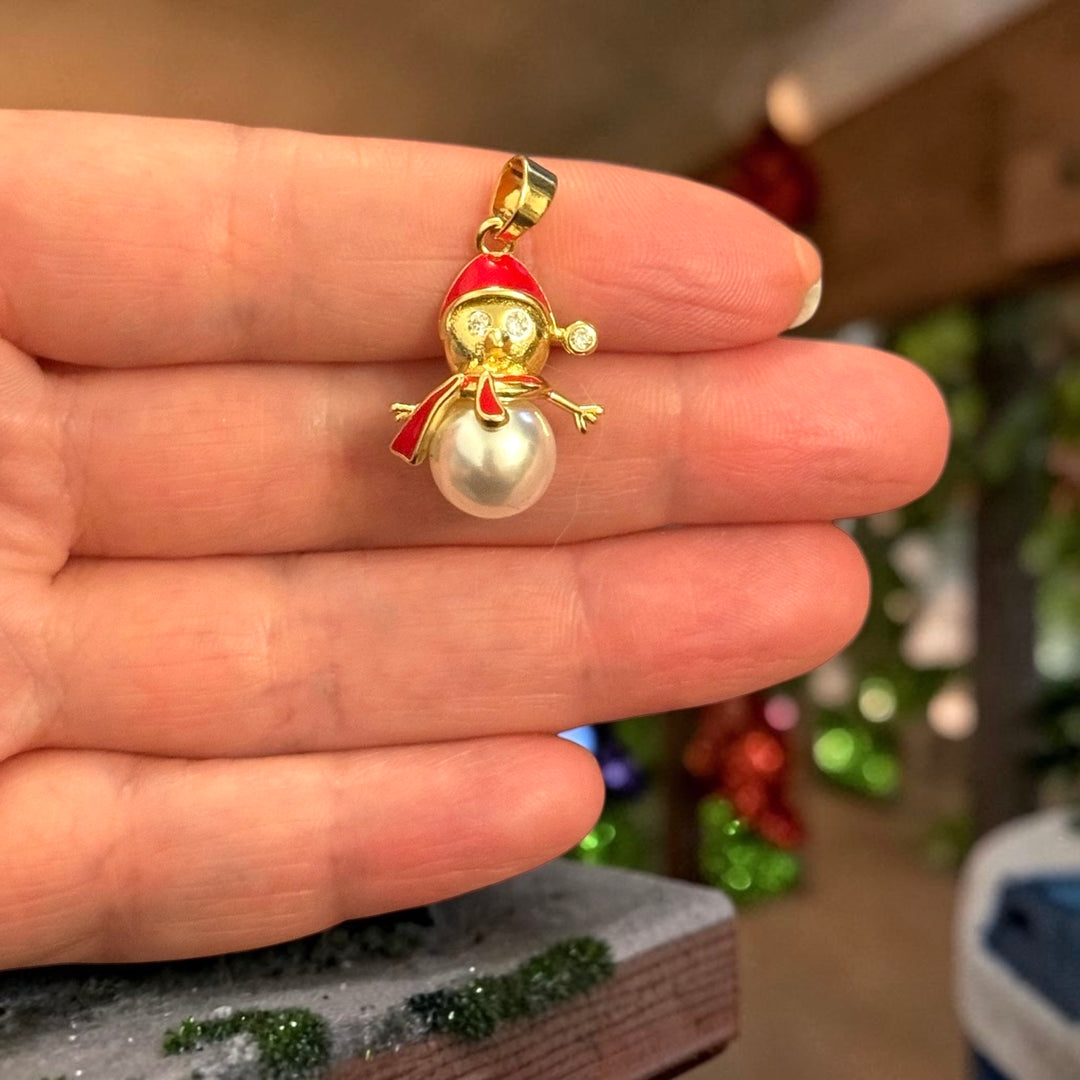 Pearl Body Christmas Snowman 24Kt Gold Plated Brass Charm with Red Enamel Hat and Bail – 28x17mm