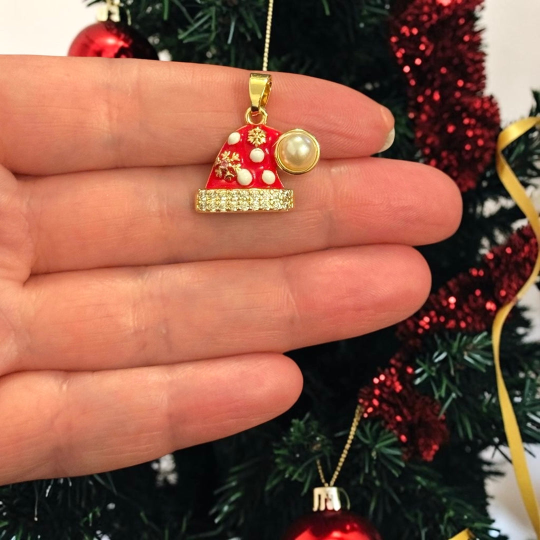 24Kt Gold Plated Brass Red Enamel Christmas Santa Hat Charm – Pearl &amp; Crystal Snowflake Pendant, 23x15mm