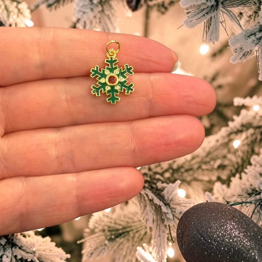 24Kt Gold Plated Brass Green Enamel Snowflake Charm – Red Crystal Christmas Pendant, 18x13mm
