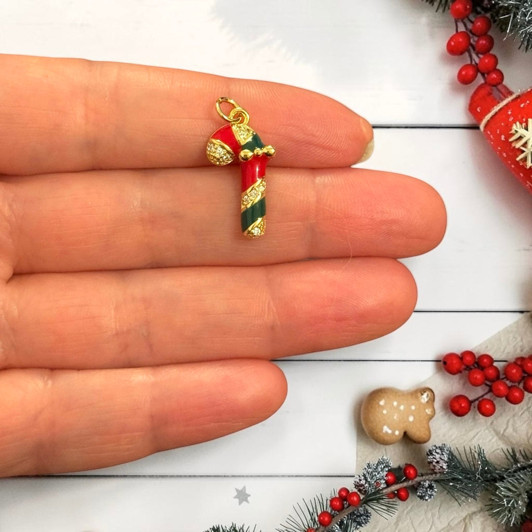24Kt Gold Plated Brass Red &amp; Green Enamel Candy Cane Charm – Christmas Sweet Pendant, 21x11mm