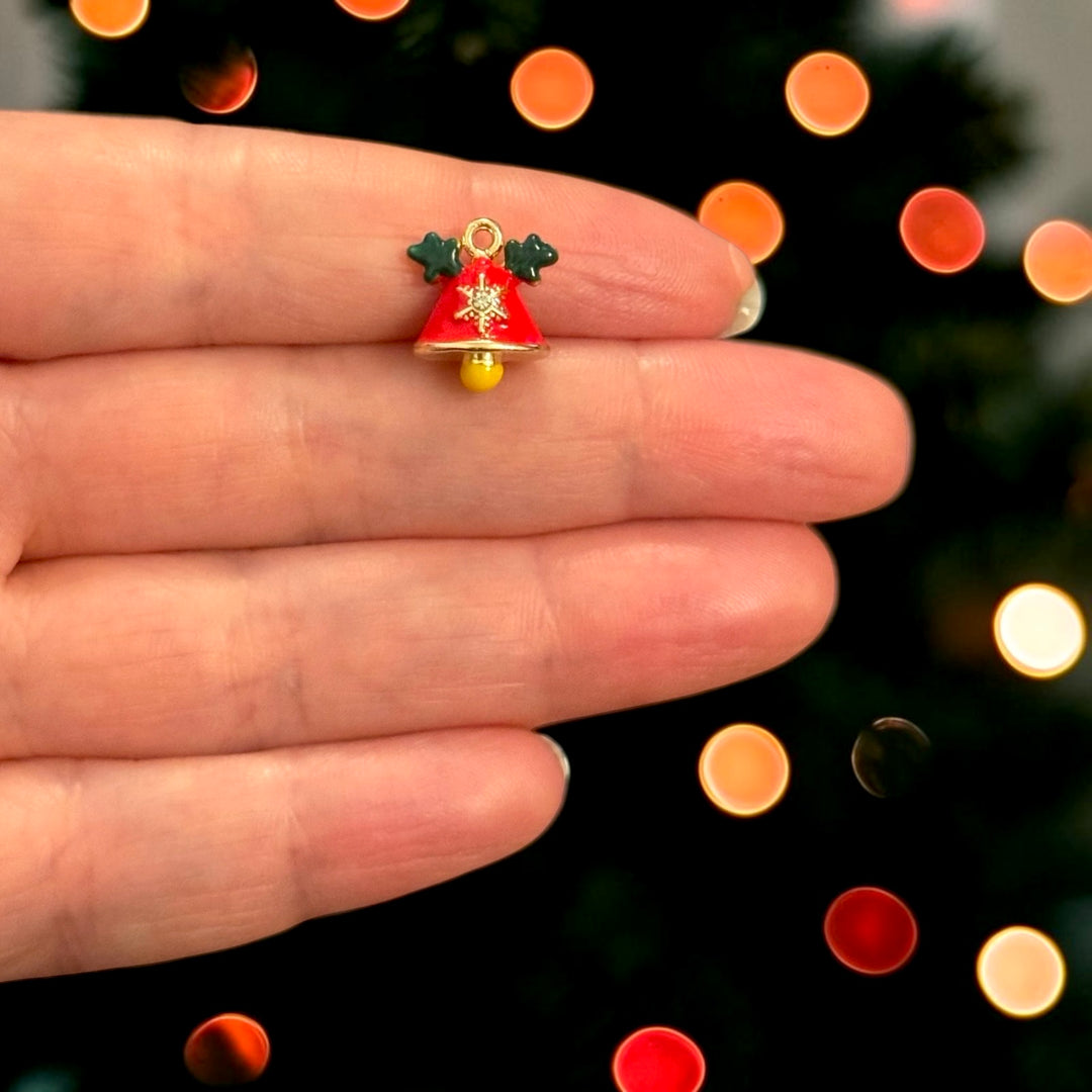 24Kt Gold Plated Tiny Red Christmas Bell CZ Enamel 3D Charm – 14x12mm
