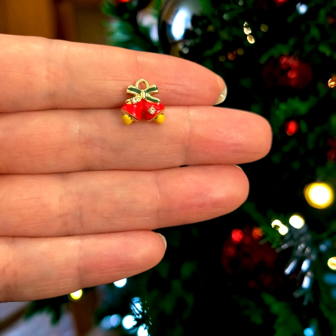 24Kt Gold Plated Tiny Double Christmas Bells CZ Enamel 3D Charm – 11x12mm