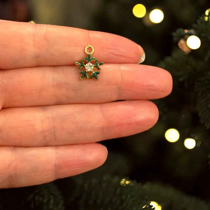 24Kt Gold Plated Tiny Green Snowflake CZ Enamel Charm – 15x12mm