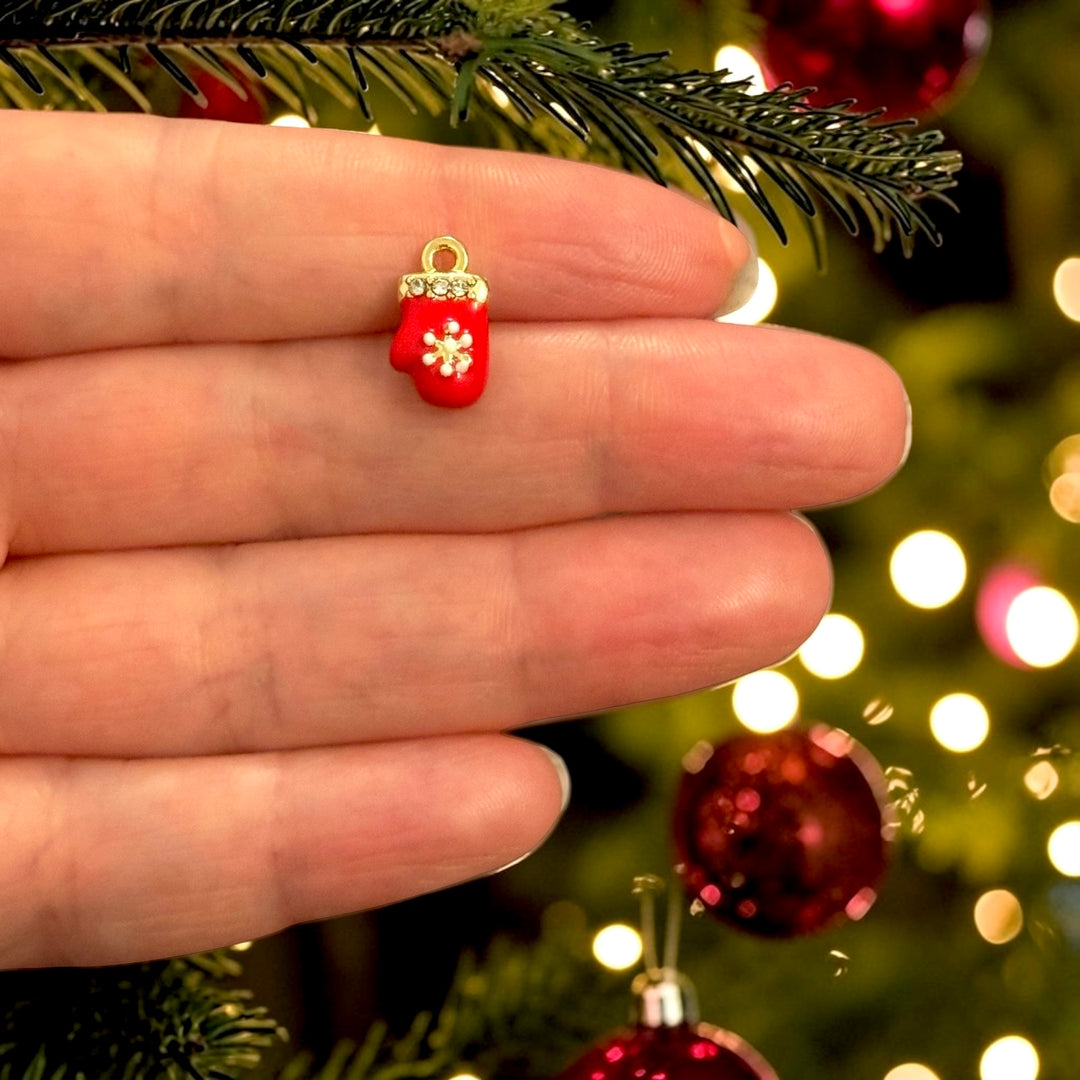 24Kt Gold Plated Tiny Red Christmas Mitten CZ Enamel Charm – 13x8mm