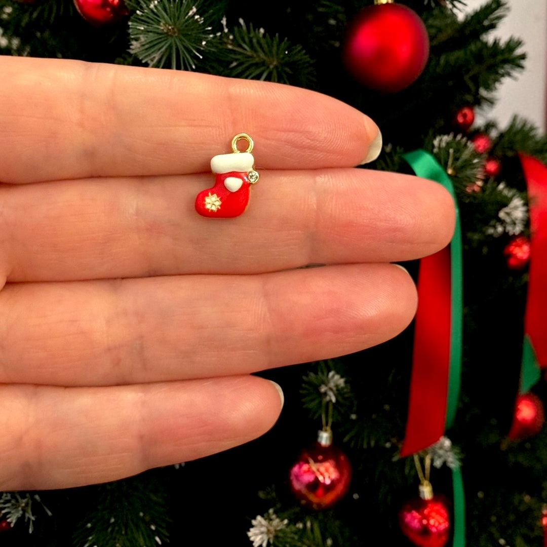 24Kt Gold Plated Tiny Red Christmas Stocking CZ Enamel Charm – 12x9mm