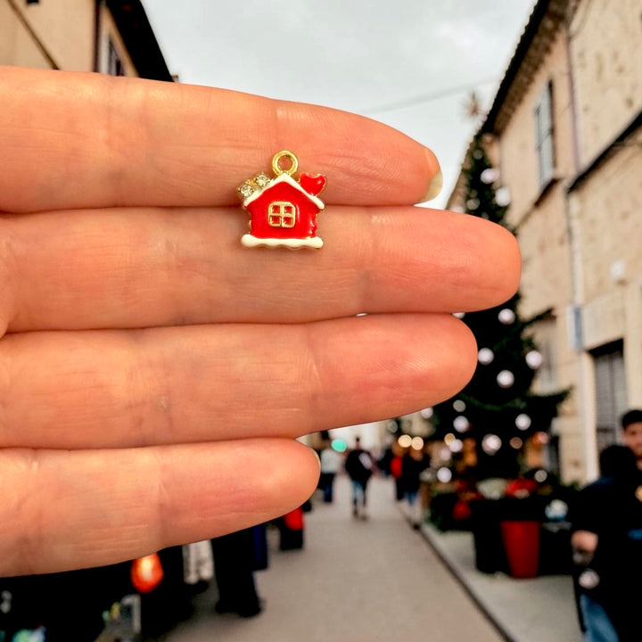 24Kt Gold Plated Tiny Red Christmas House CZ Enamel Charm – 14x13mm