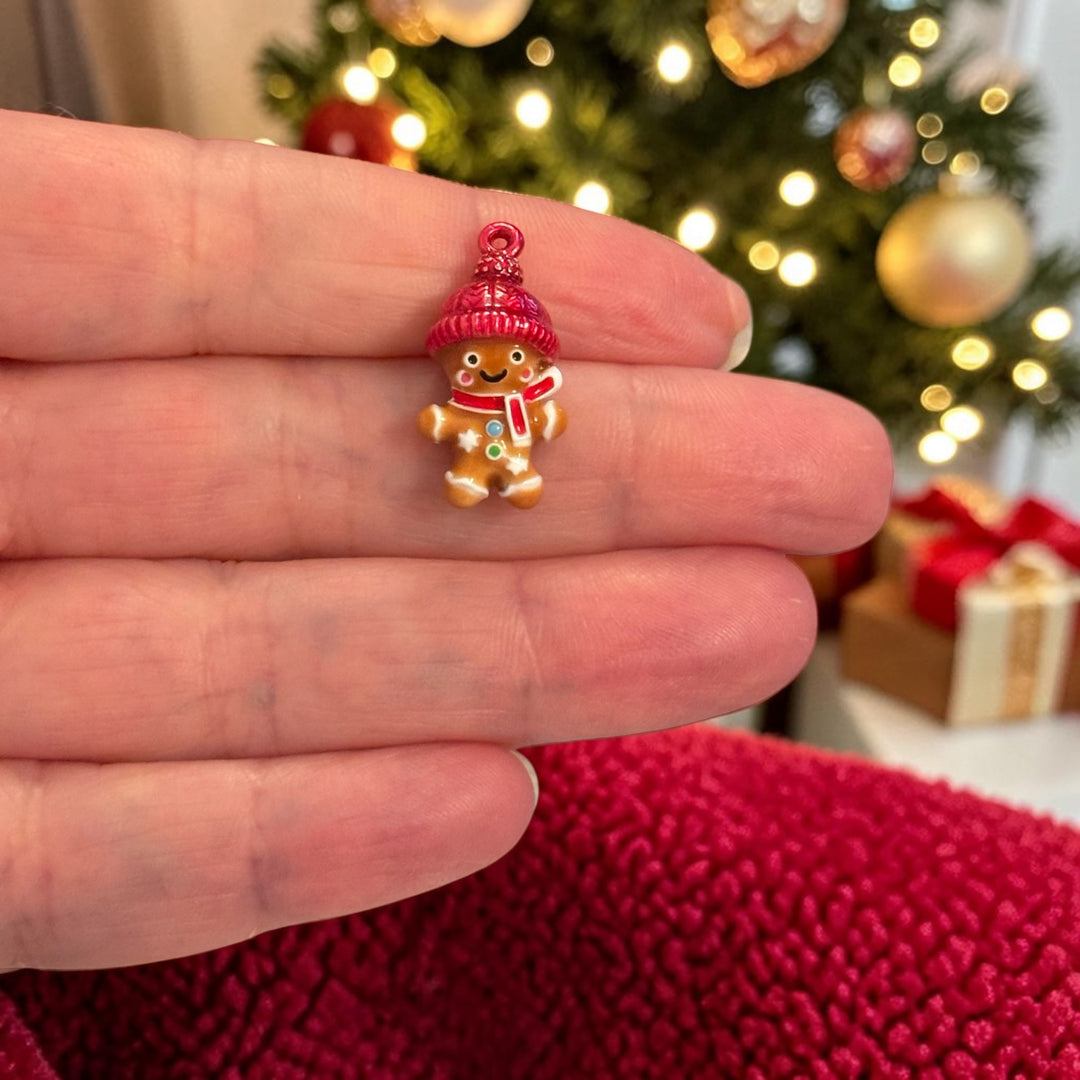 24Kt Gold Plated Christmas Gingerbread Man Charm with Red Winter Hat &amp; Scarf – Festive Pendant,