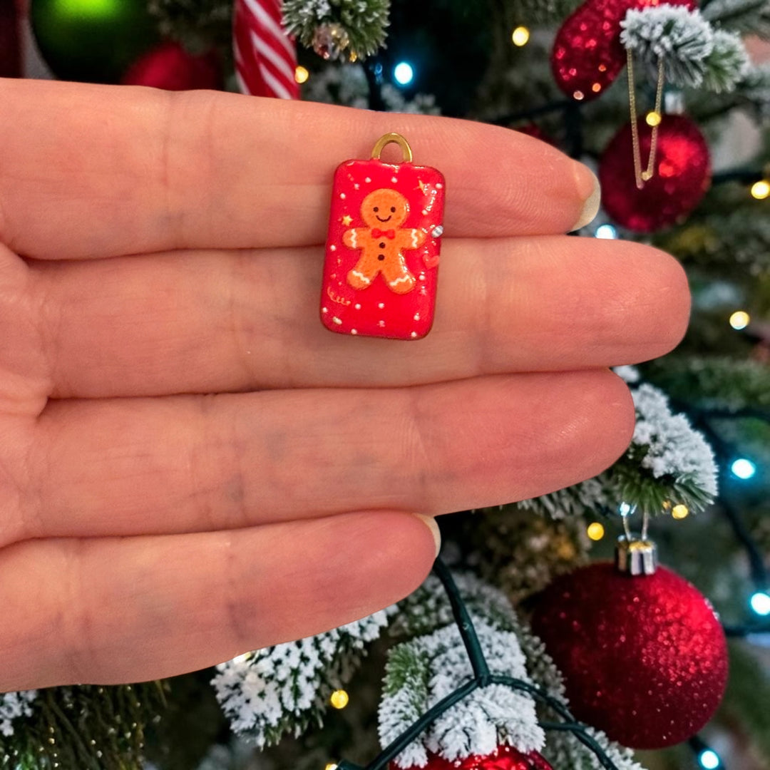Waterproof 24Kt PVD Gold Plated Stainless Steel Christmas Gingerbread Man Charm – Double Sided Red Enamel Pendant,