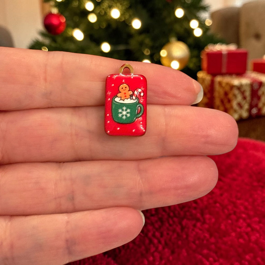 Waterproof 24Kt PVD Gold Plated Stainless Steel Christmas Hot Chocolate Charm – Double Sided Gingerbread Mug Red Enamel Pendant,