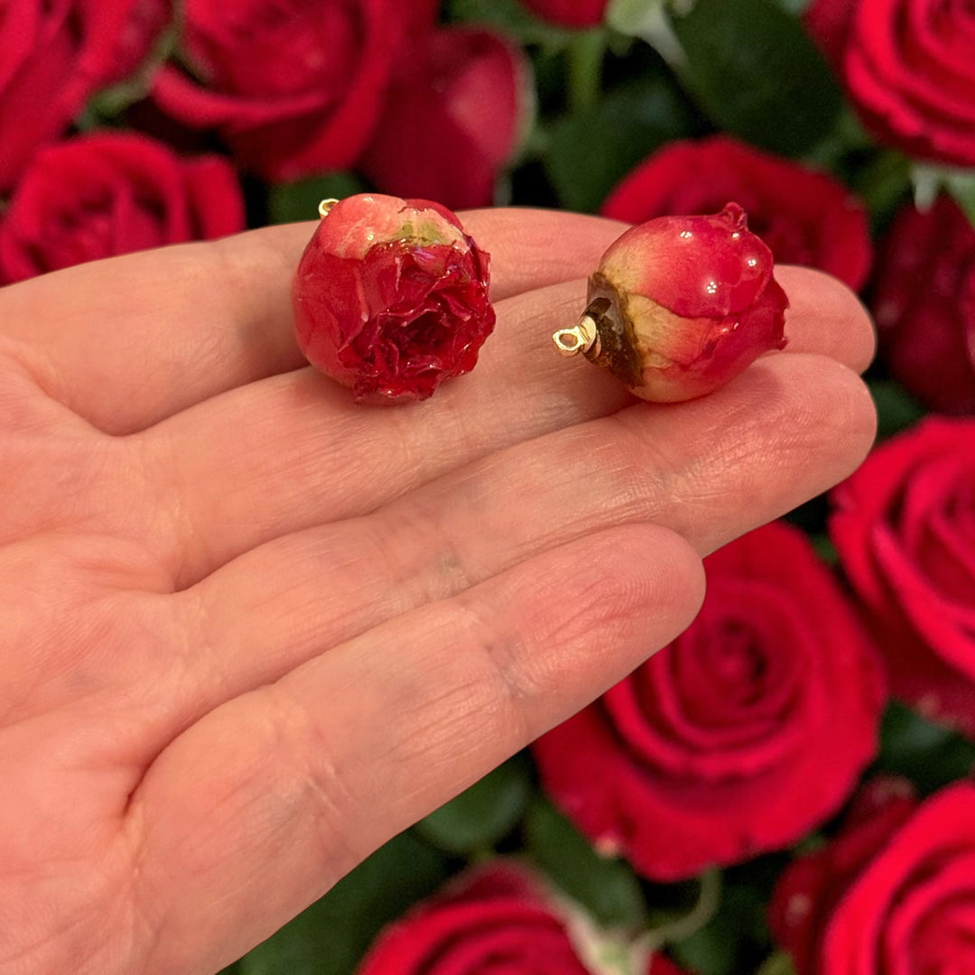 Natural Dried Red Rose Bud Charm with 24Kt Gold Plated Loop – Real Preserved Flower Pendant, 29x16mm