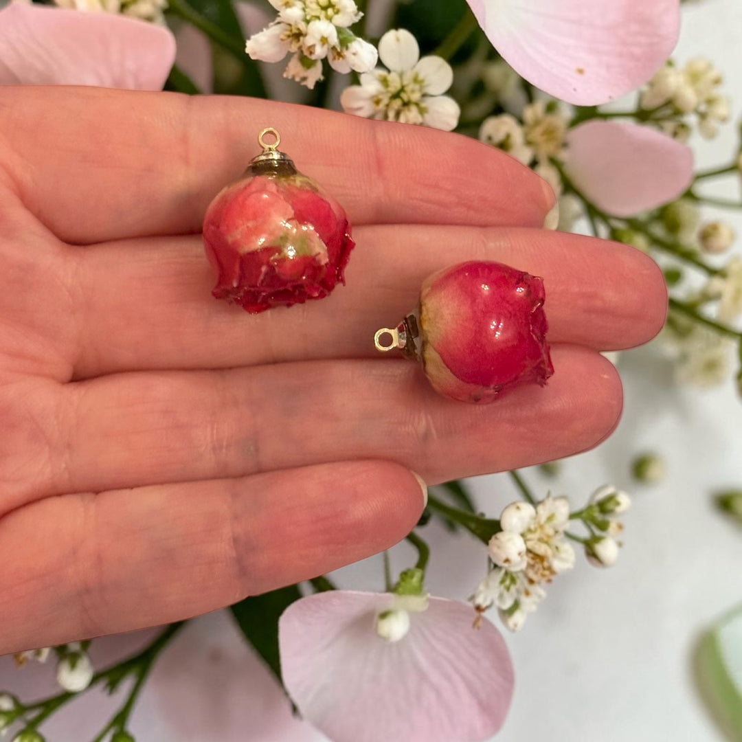 Natural Dried Red Rose Bud Charm with 24Kt Gold Plated Loop – Real Preserved Flower Pendant, 29x16mm