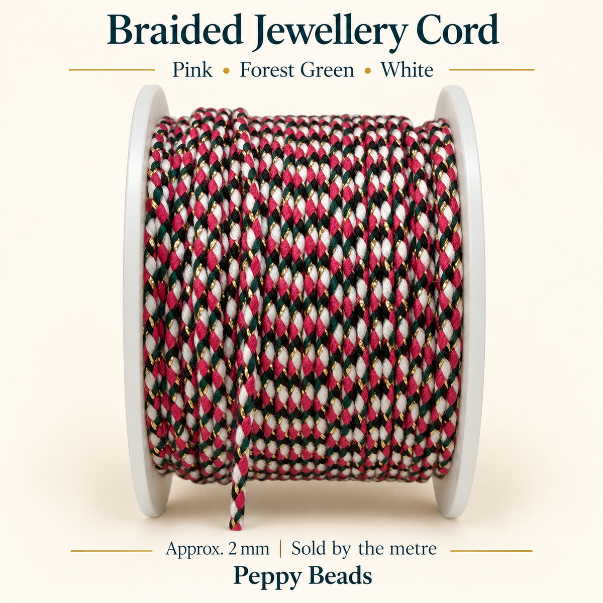 2mm Braided Jewellery Cord – Pink, Forest Green & White