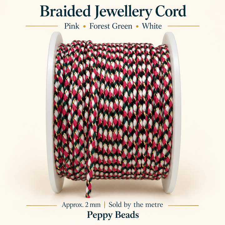 2mm Braided Jewellery Cord – Pink, Forest Green &amp; White