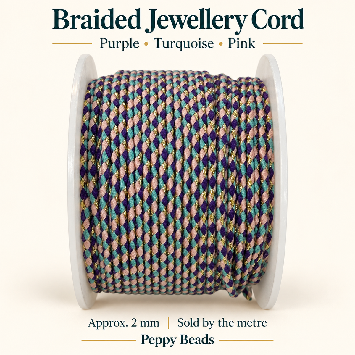 2mm Braided Jewellery Cord – Purple, Turquoise & Pink