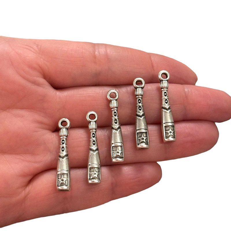 Antique Silver Plated Champagne Bottle Charms, Silver Champagne Charms, 5 pcs in a pack