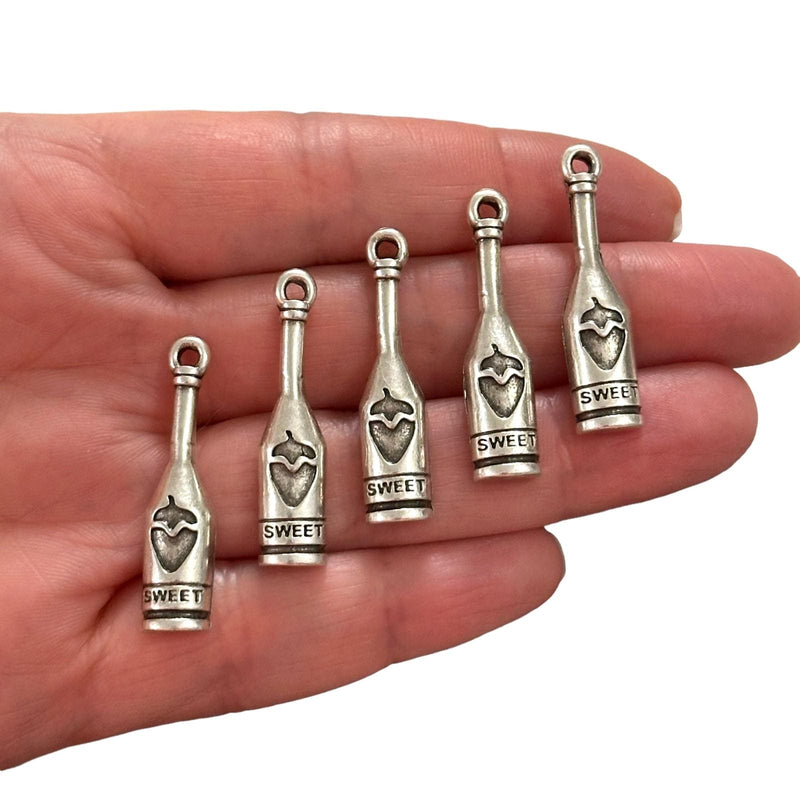 Antique Silver Plated Wine Bottle Charms, Silver Wine Lover Charms, 5 pcs in a pack