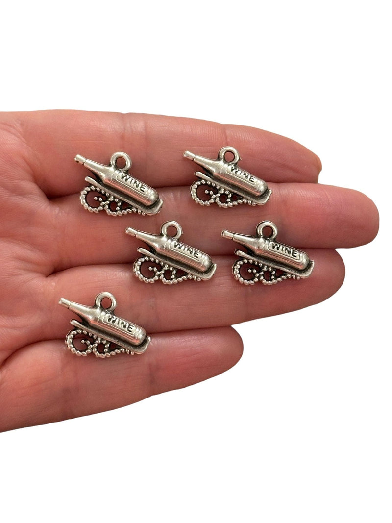 Antique Silver Plated Wine Bottle Charms, Silver Wine Lover Charms, 5 pcs in a pack