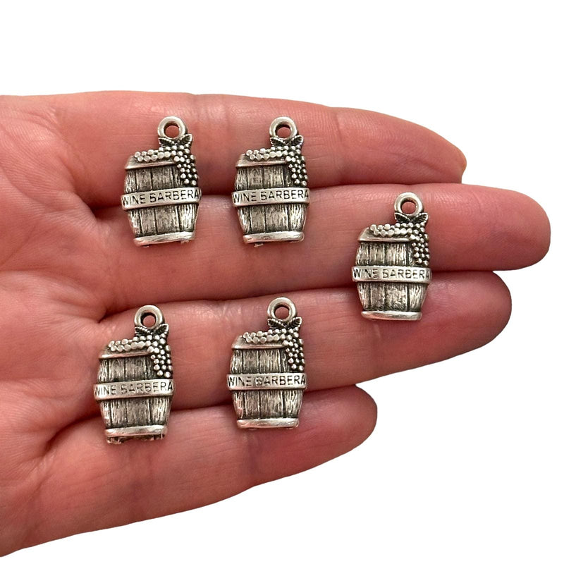 Antique Silver Plated Wine Barrel Charms, Silver Wine Lover Charms, 5 pcs in a pack