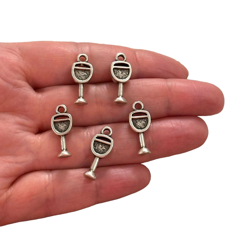 Antique Silver Plated Wine Glass Charms, Silver Wine Lover Charms, 5 pcs in a pack
