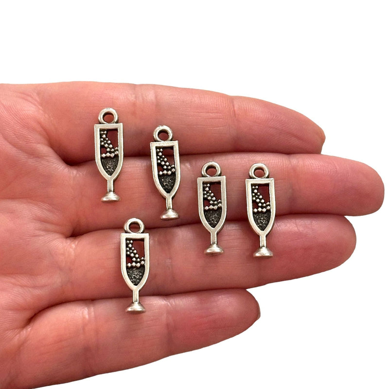 Antique Silver Plated Champagne Glass Charms, Silver Wine Lover Charms, 5 pcs in a pack