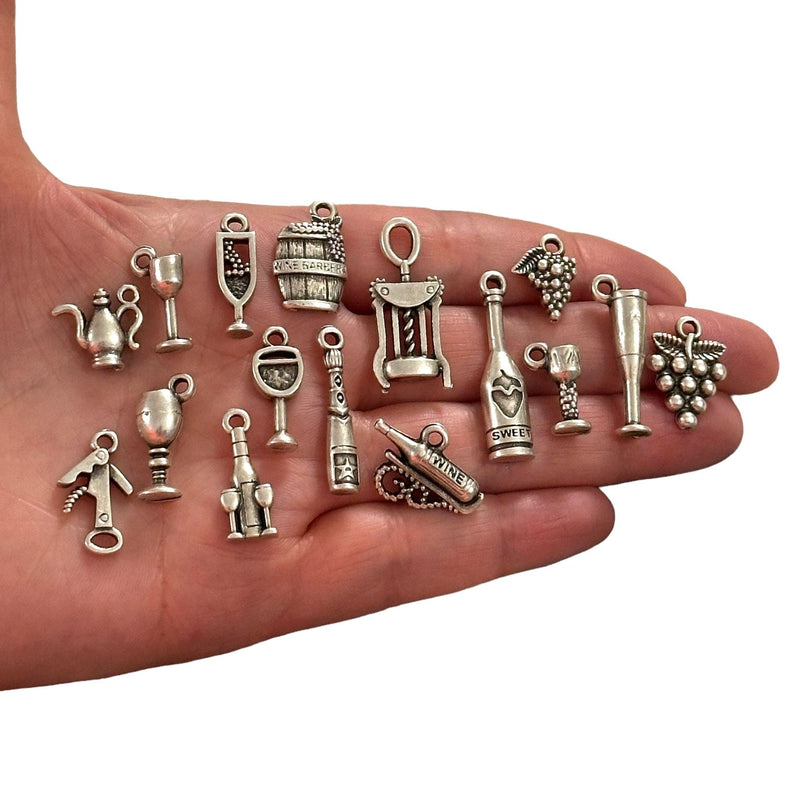 Antique Silver Plated Wine Lover Charms Collection, 16 Charms in a pack
