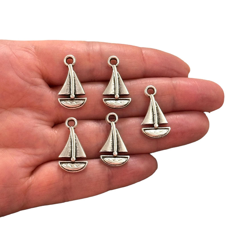 Antique Silver Plated Sailing Boat Charms, Silver Travel Charms, 5 pcs in a pack
