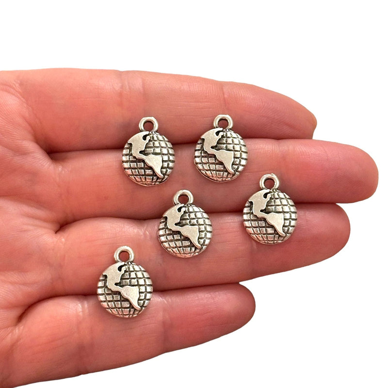 Antique Silver Plated World Map Charms, Silver Travel Charms, 5 pcs in a pack