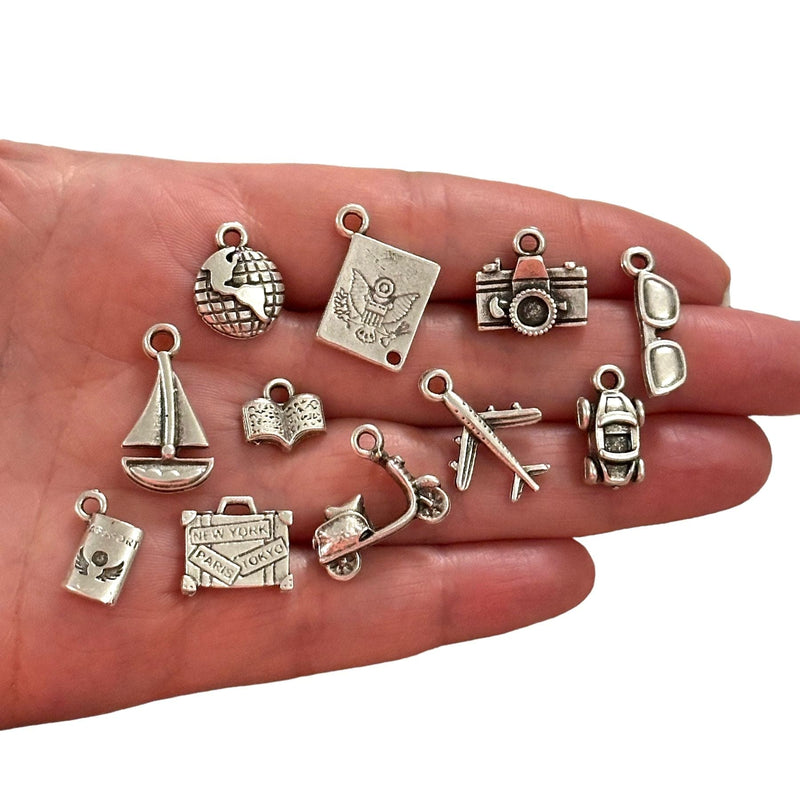 Antique Silver Plated Travel Charms Collection, 11 Charms in a pack