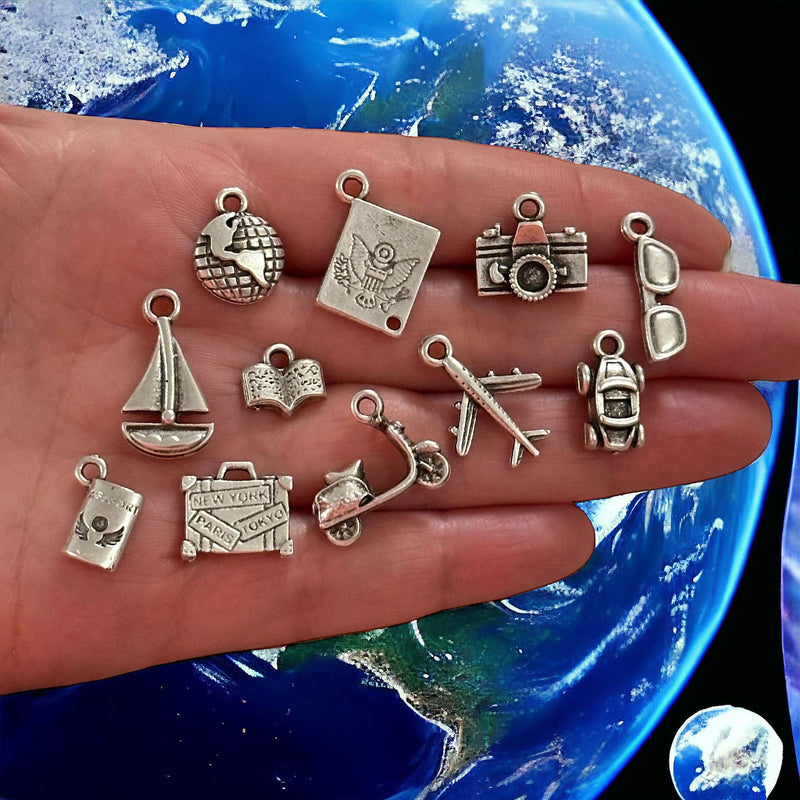 Antique Silver Plated Travel Charms Collection, 11 Charms in a pack