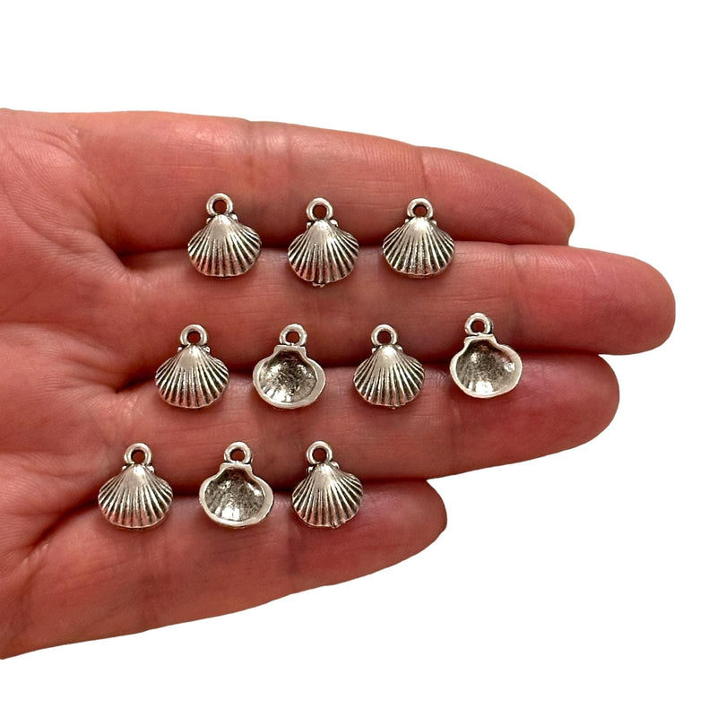 Antique Silver Plated Oyster Charms, Silver Under the Sea Charms, 10 pcs in a pack