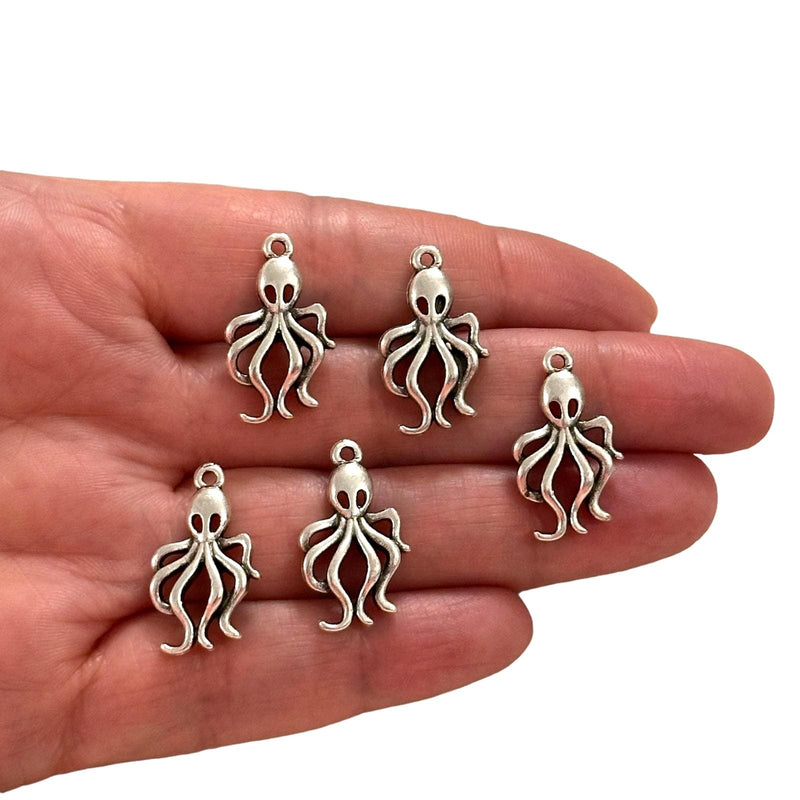 Antique Silver Plated Octopus Charms, Silver Under the Sea Charms, 5 pcs in a pack