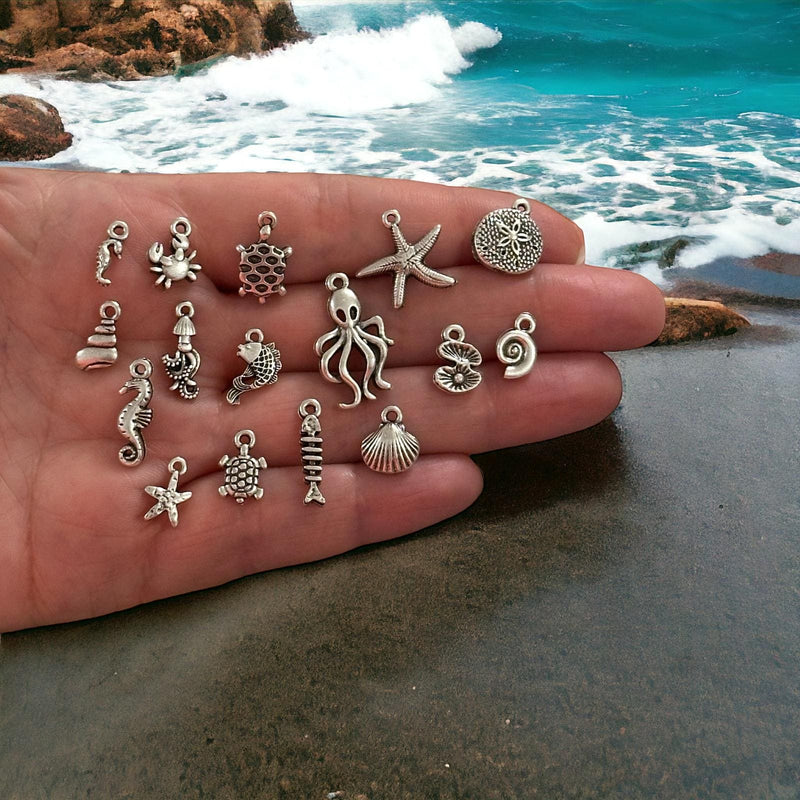 Antique Silver Plated Under The Sea Charms Collection, 16 Charms in a pack