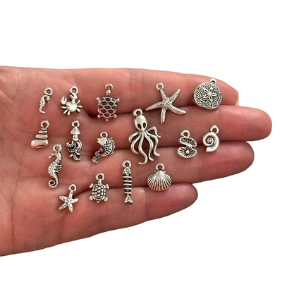 Antique Silver Plated Under The Sea Charms Collection, 16 Charms in a pack