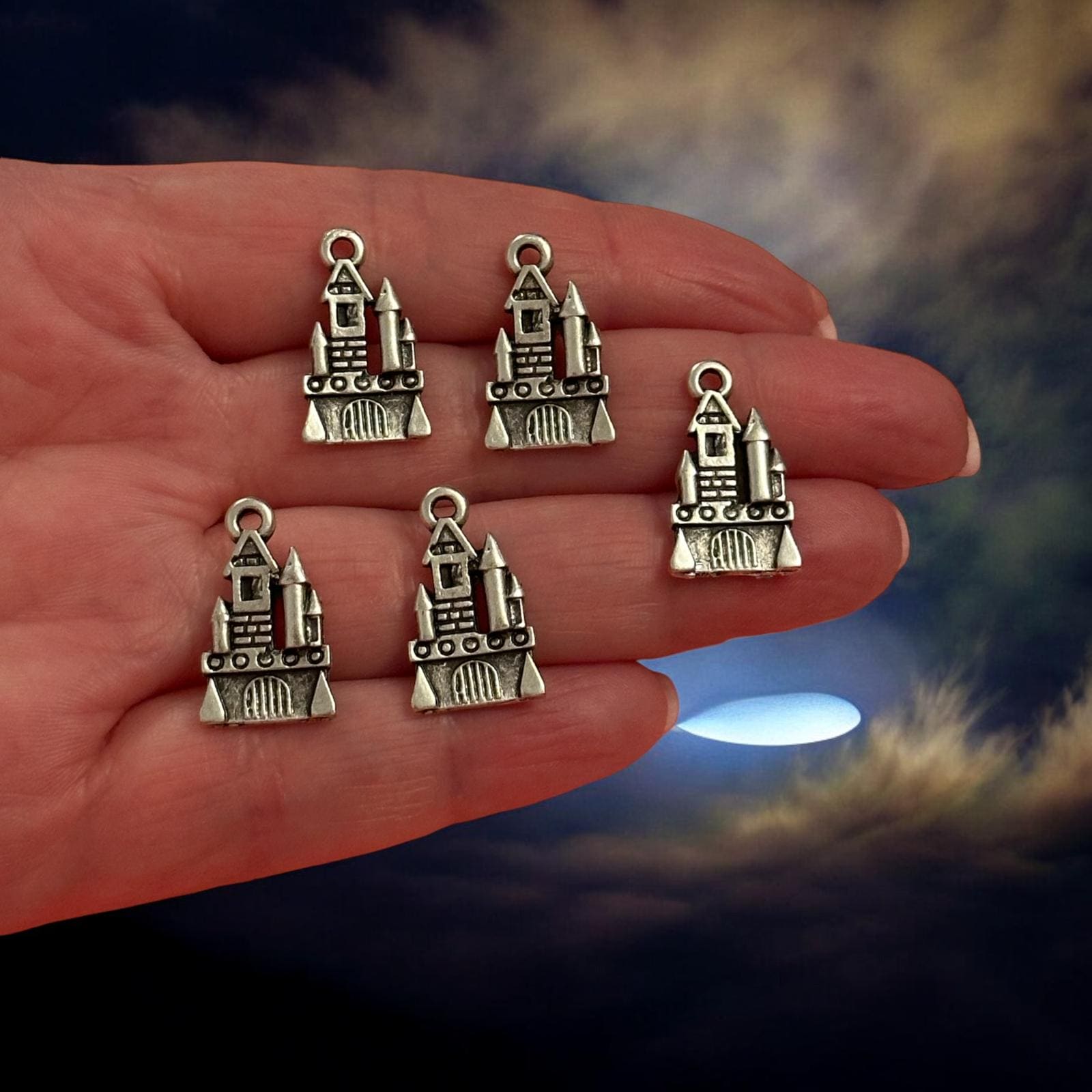 Antique Silver Plated Halloween Ghost Castle Charms, Halloween Collection, 5 pcs in a pack