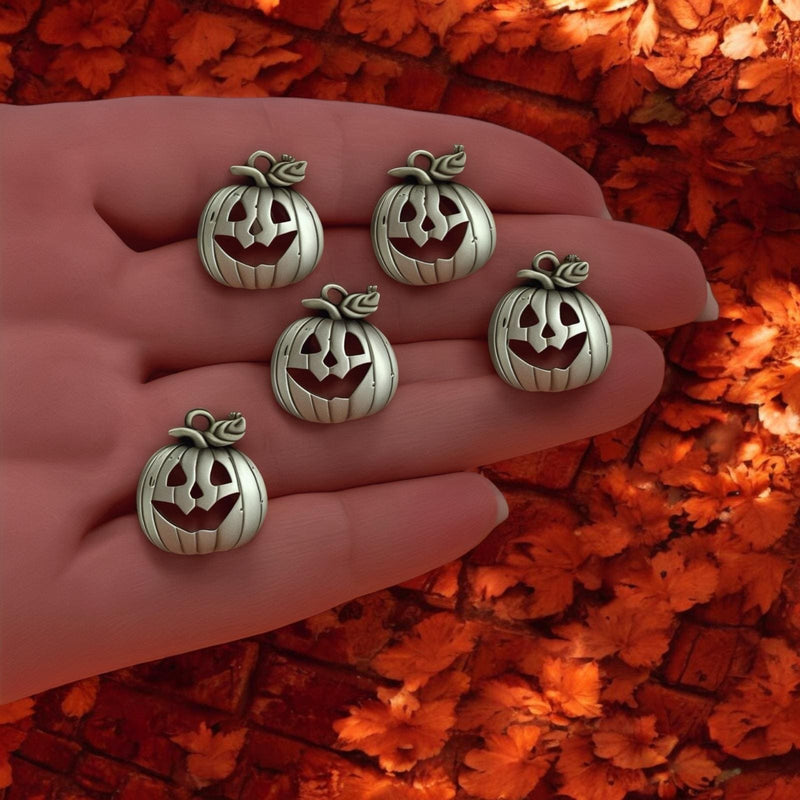 Antique Silver Plated Halloween Pumpkin Charms, Halloween Collection, 5 pcs in a pack