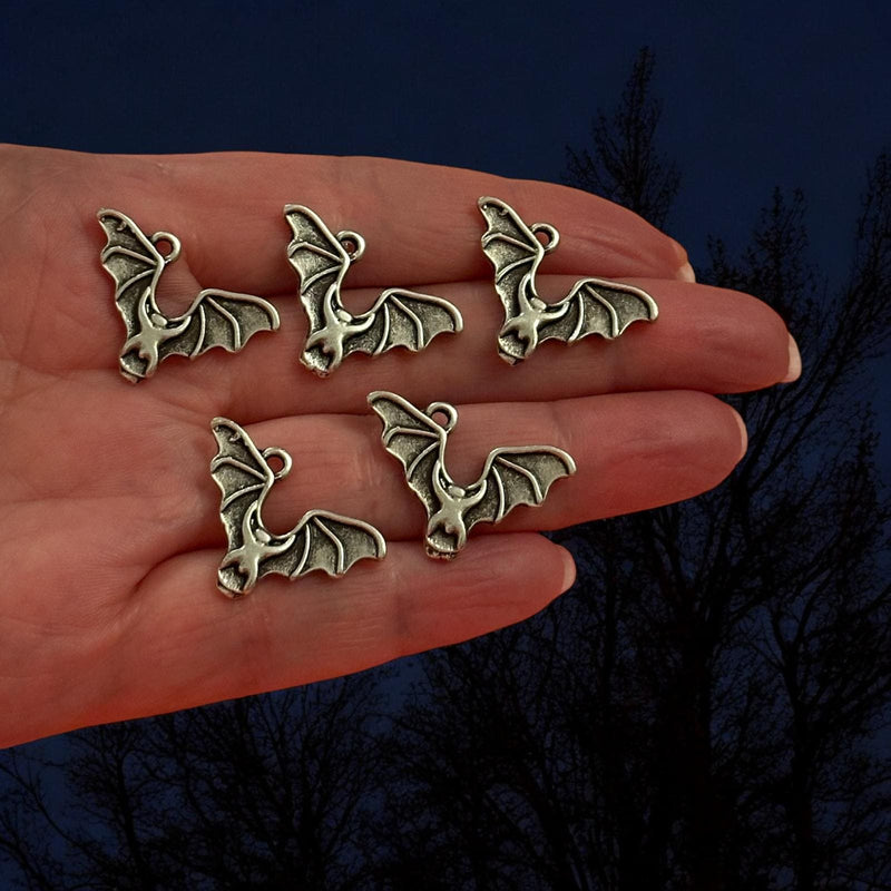 Antique Silver  Plated Bat Charms, Halloween Collection, 5 pcs in a pack