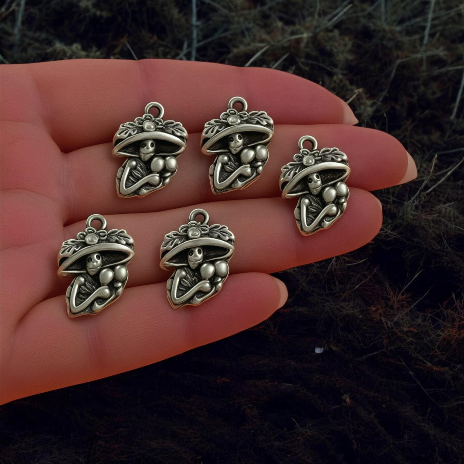 Antique Silver Plated Skeleton Day of the Dead Maracas Charms, Halloween Collection, 5 pcs in a pack