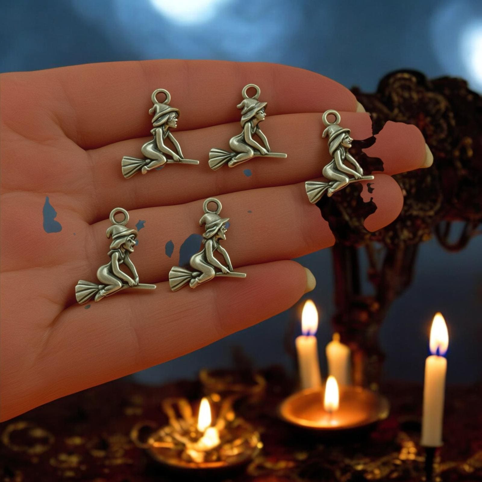 Antique Silver Plated Witch on a Broomstick Charms, Halloween Collection, 5 pcs in a pack