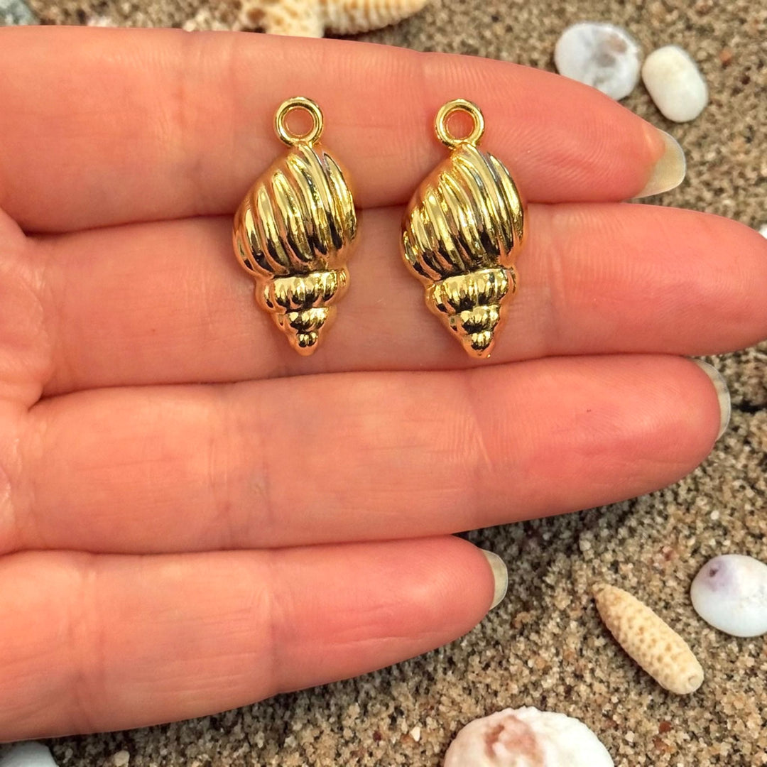 24Kt Gold Plated Conch Shell Charms, Nautical Pendants, Earring Pair